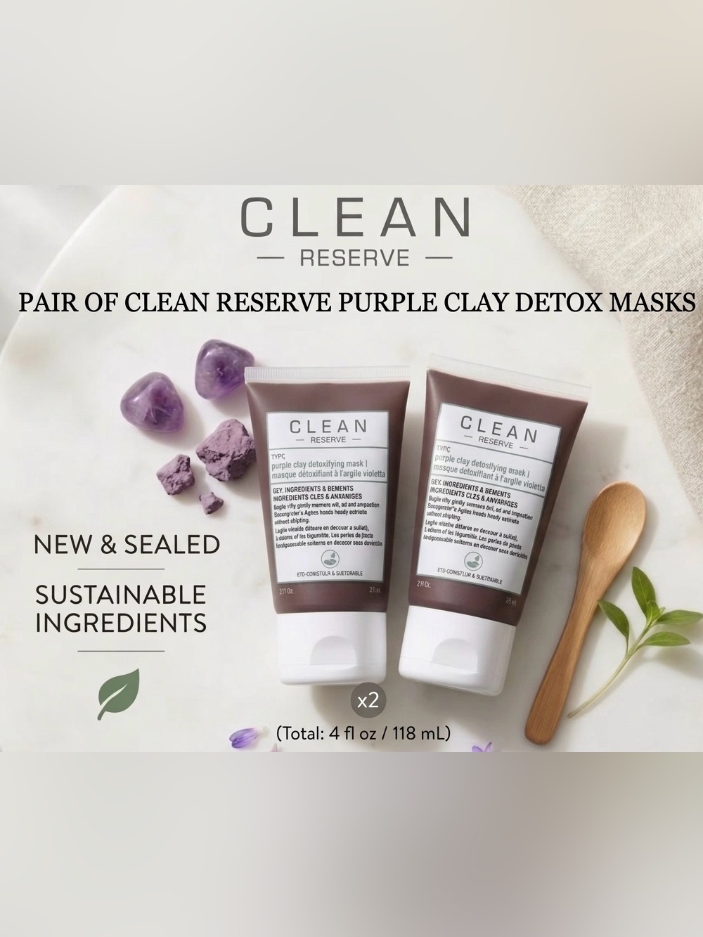 NEW Set of 2 CLEAN RESERVE Purple Clay Detoxifying Masks 2oz / 59mL Bundle Pair